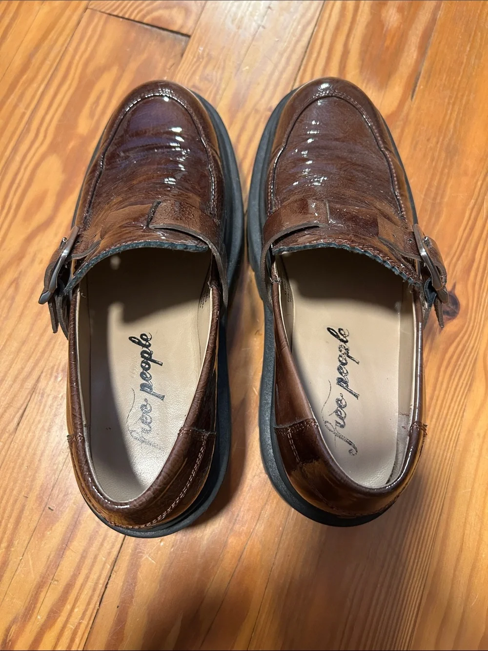Free People Brown Leather Buckle Loafers